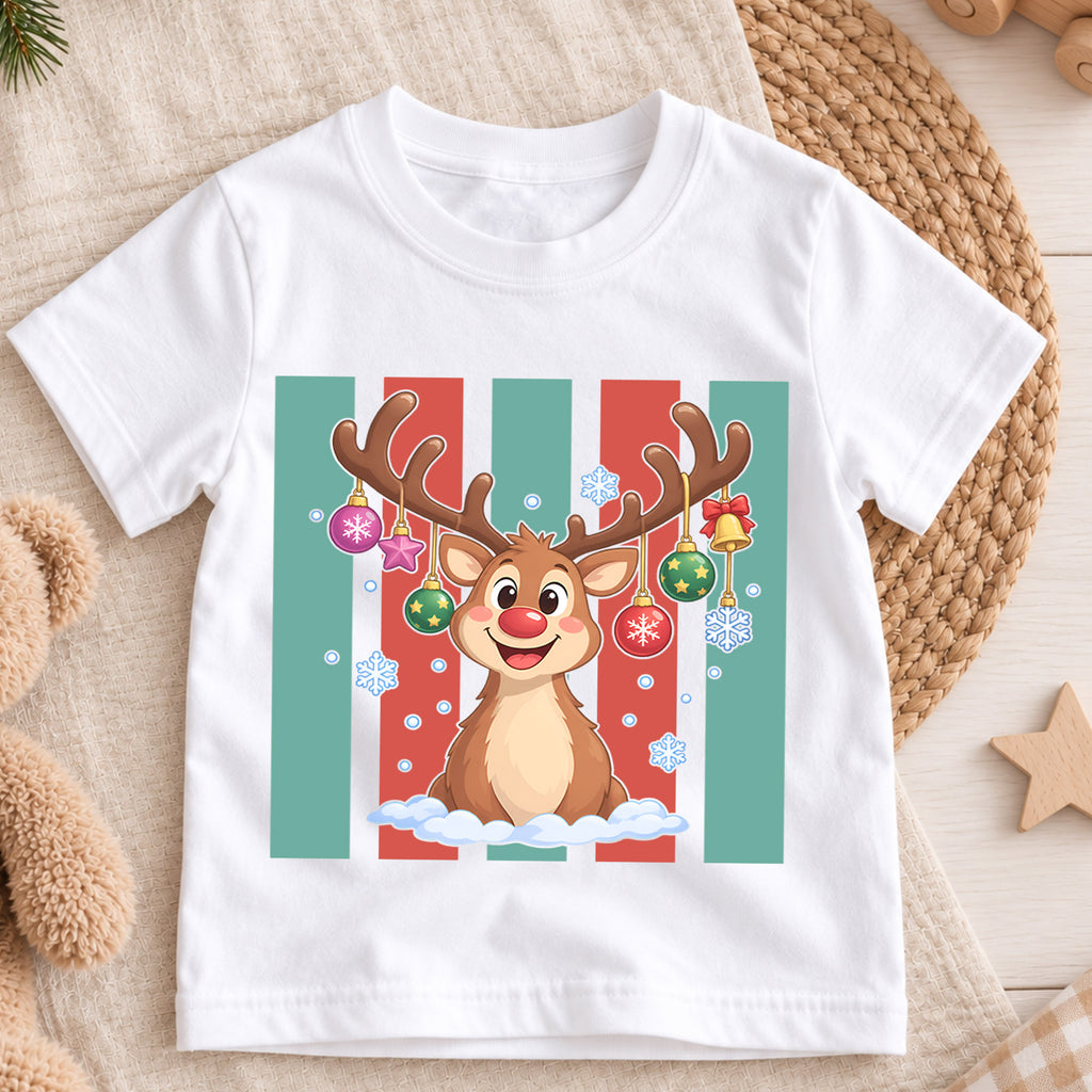 Christmas Reindeer Kids Shirt, Retro Stripe Holiday T Shirt, Cute Christmas Outfit for Children, Festive Xmas Gift for Boys and Girls — product view 3