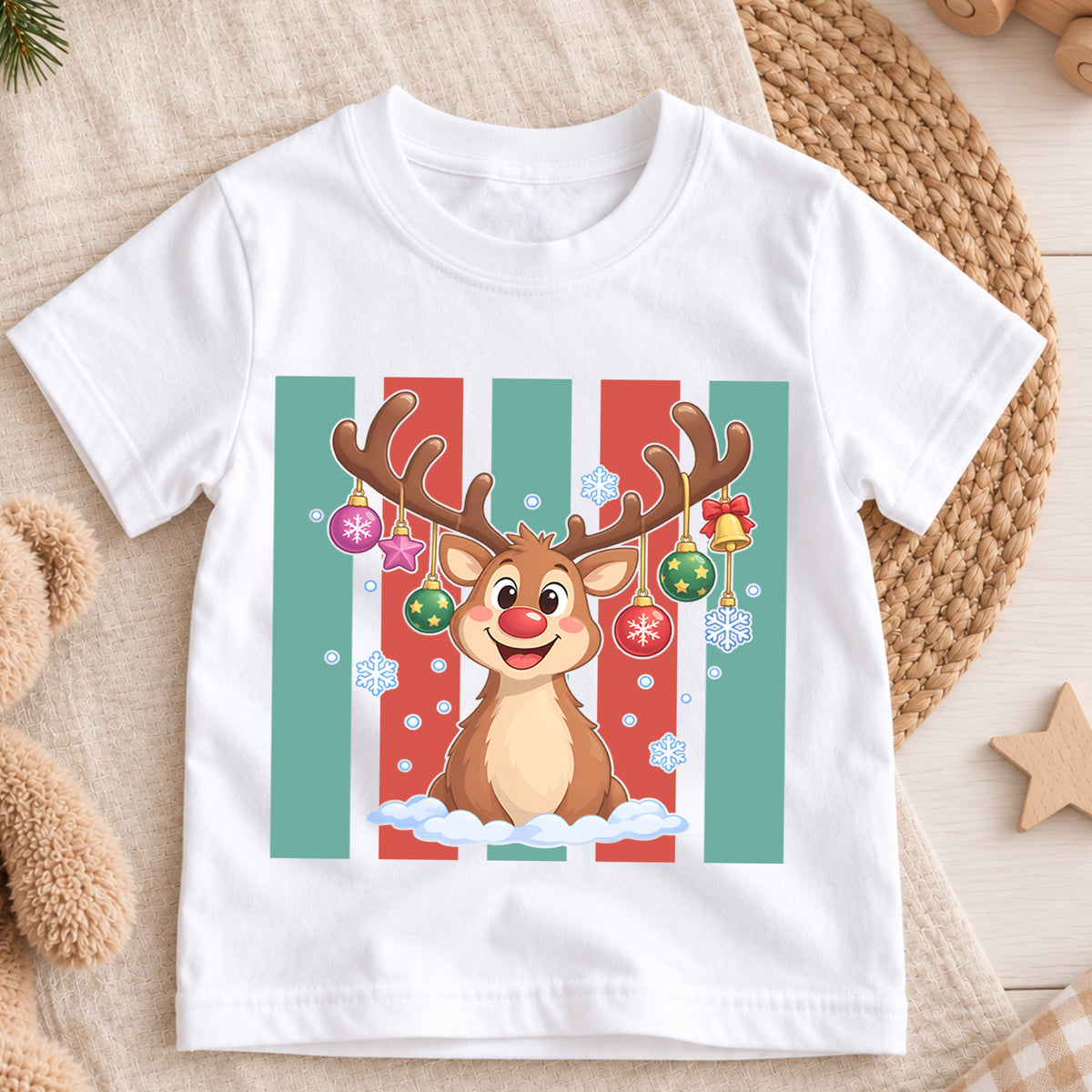 Christmas Reindeer Kids Shirt, Retro Stripe Holiday T Shirt, Cute Christmas Outfit for Children, Festive Xmas Gift for Boys and Girls — product view 3
