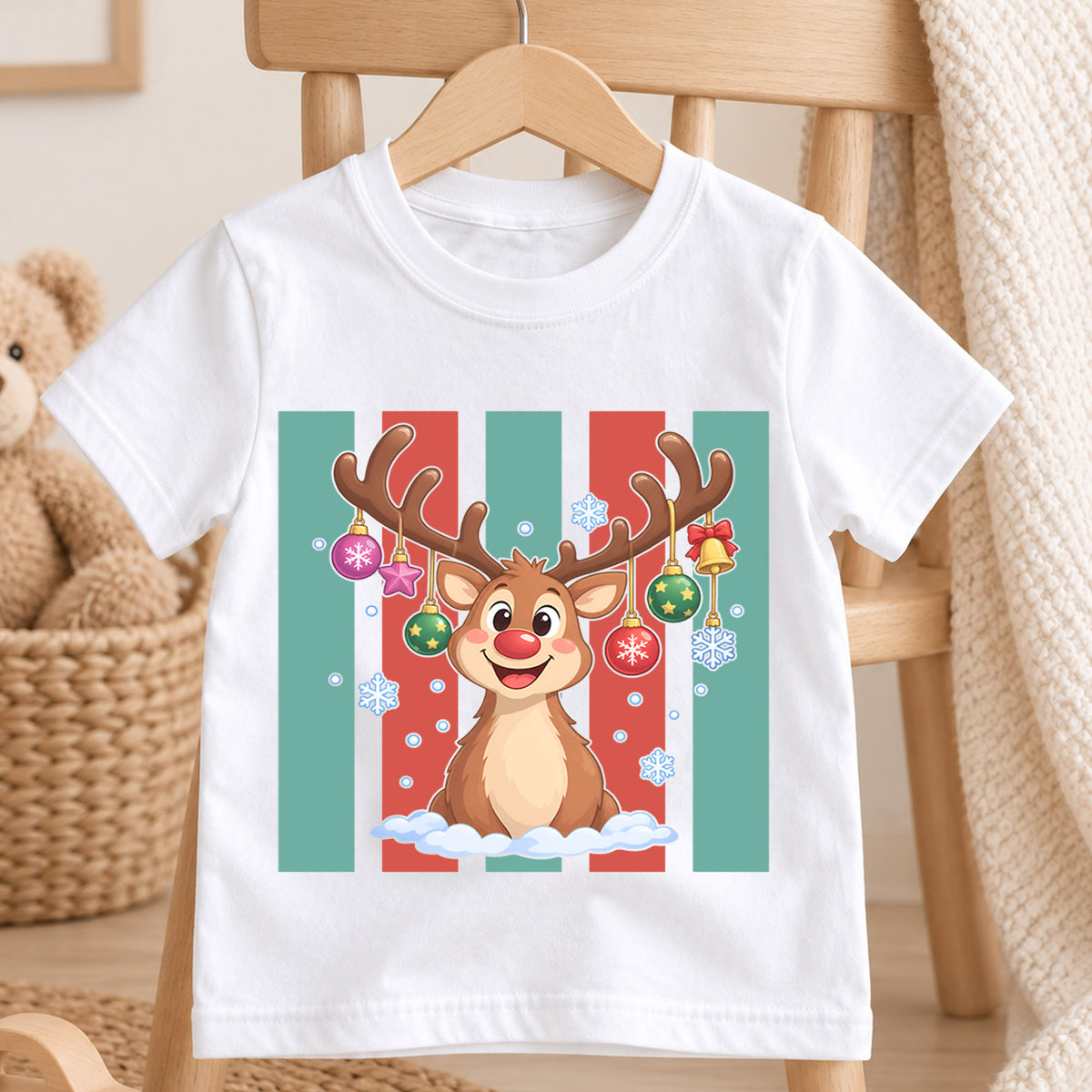 Christmas Reindeer Kids Shirt, Retro Stripe Holiday T Shirt, Cute Christmas Outfit for Children, Festive Xmas Gift for Boys and Girls — product view 4