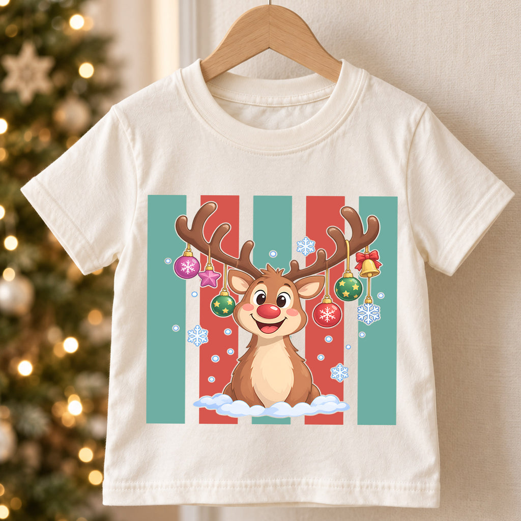 Christmas Reindeer Kids Shirt, Retro Stripe Holiday T Shirt, Cute Christmas Outfit for Children, Festive Xmas Gift for Boys and Girls — product view 5