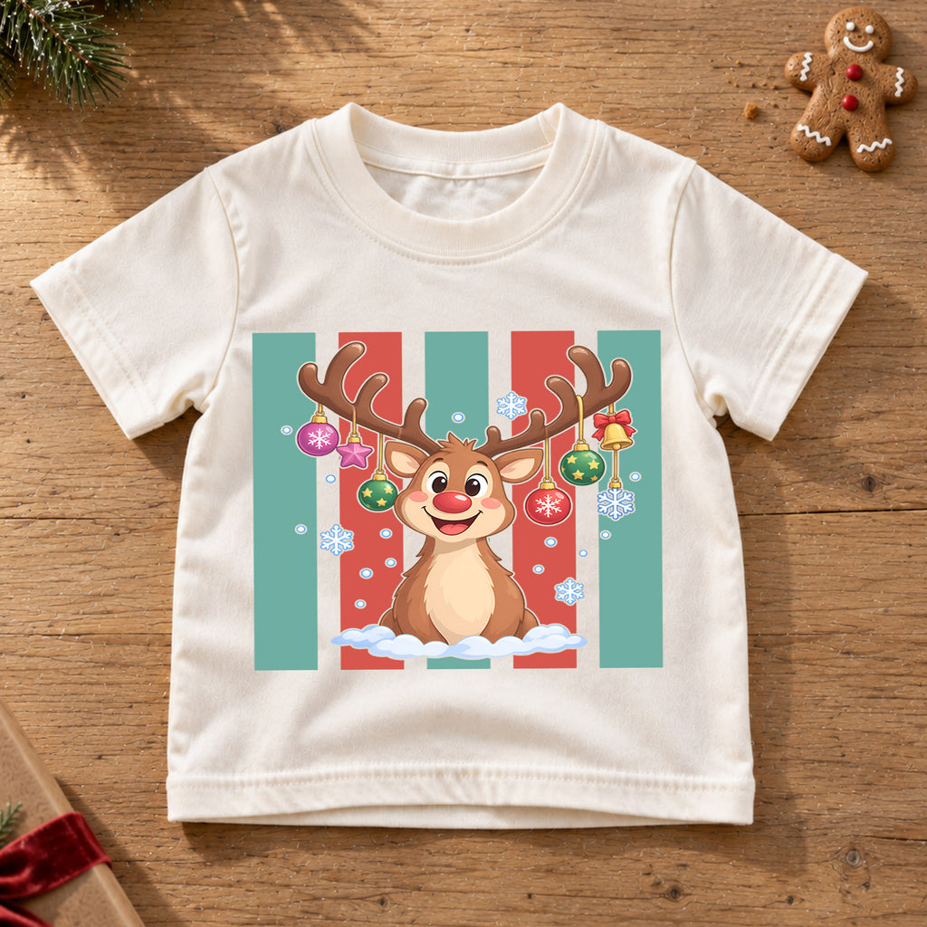 Christmas Reindeer Kids Shirt, Retro Stripe Holiday T Shirt, Cute Christmas Outfit for Children, Festive Xmas Gift for Boys and Girls — product view 6