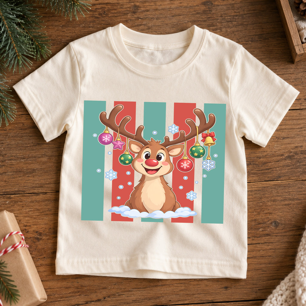 Christmas Reindeer Kids Shirt, Retro Stripe Holiday T Shirt, Cute Christmas Outfit for Children, Festive Xmas Gift for Boys and Girls — product view 7