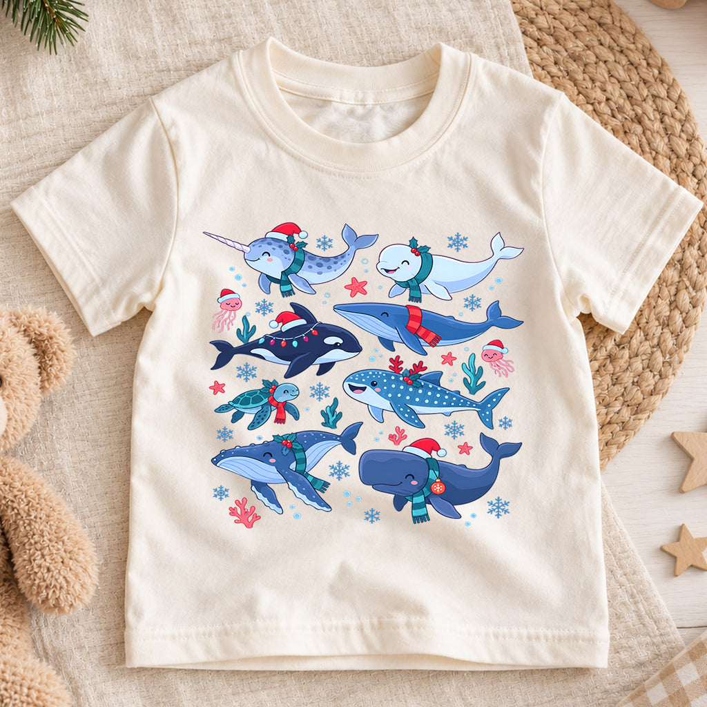 Christmas Ocean Animals Kids Shirt, Cute Whale Holiday T Shirt, Christmas Outfit for Boys and Girls, Festive Xmas Gift for Children — product view 1