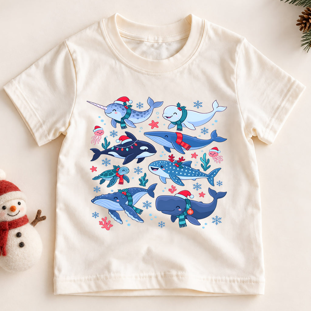 Christmas Ocean Animals Kids Shirt, Cute Whale Holiday T Shirt, Christmas Outfit for Boys and Girls, Festive Xmas Gift for Children — product view 2