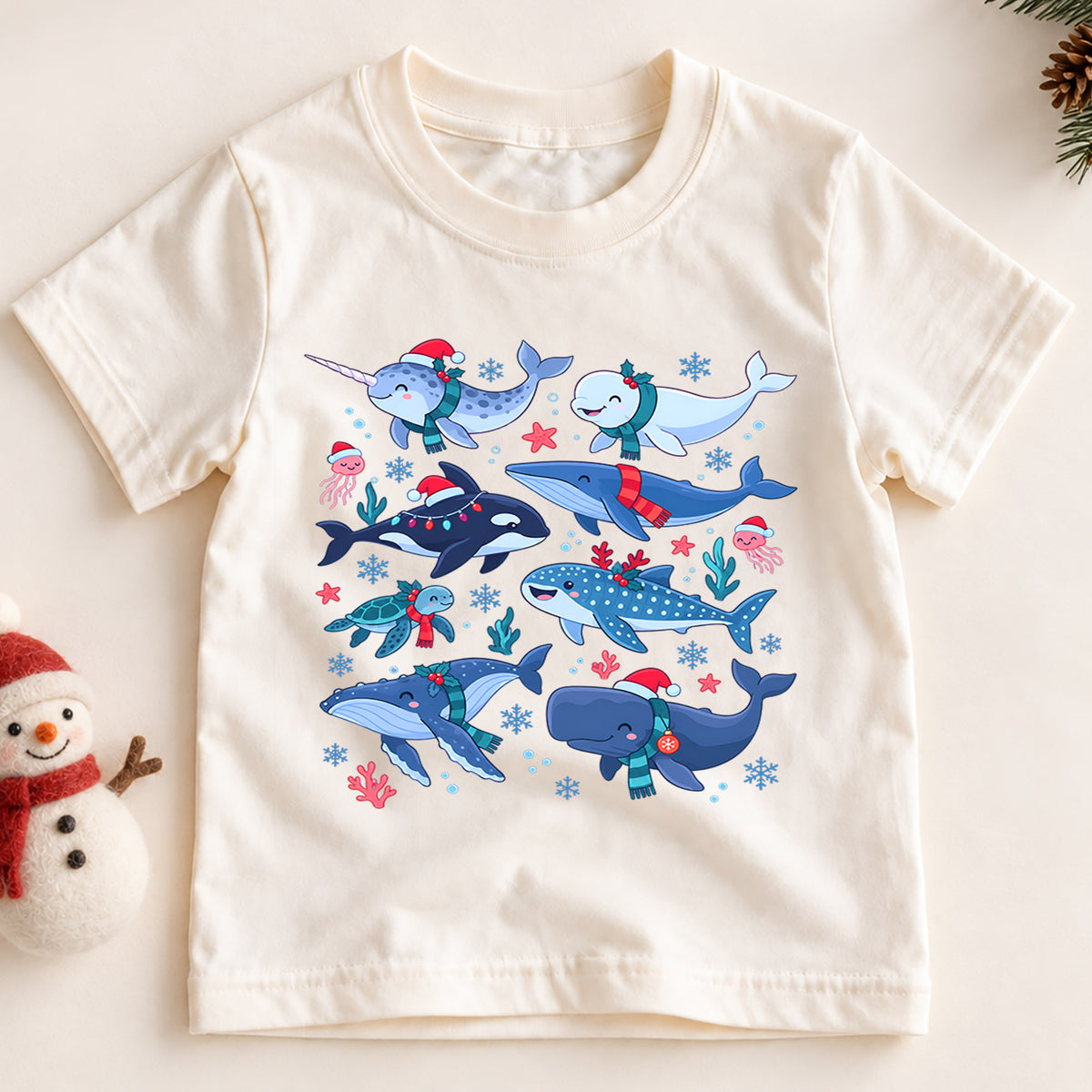 Christmas Ocean Animals Kids Shirt, Cute Whale Holiday T Shirt, Christmas Outfit for Boys and Girls, Festive Xmas Gift for Children — product view 2