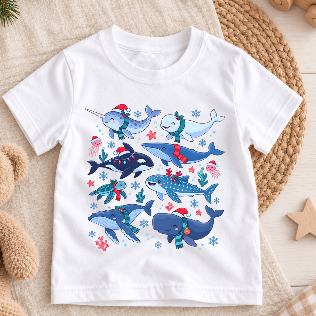 Christmas Ocean Animals Kids Shirt, Cute Whale Holiday T Shirt, Christmas Outfit for Boys and Girls, Festive Xmas Gift for Children — product view 3