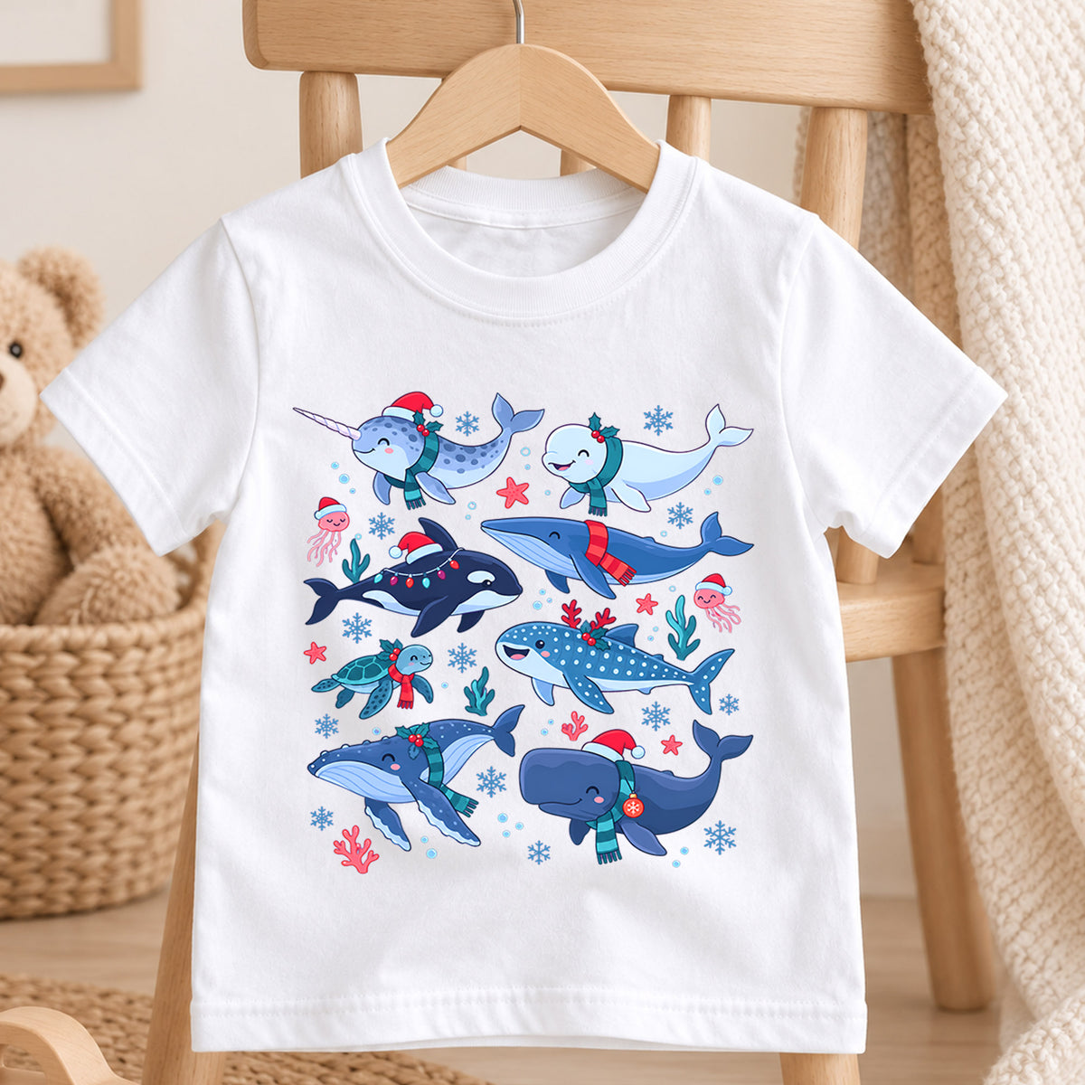 Christmas Ocean Animals Kids Shirt, Cute Whale Holiday T Shirt, Christmas Outfit for Boys and Girls, Festive Xmas Gift for Children — product view 4