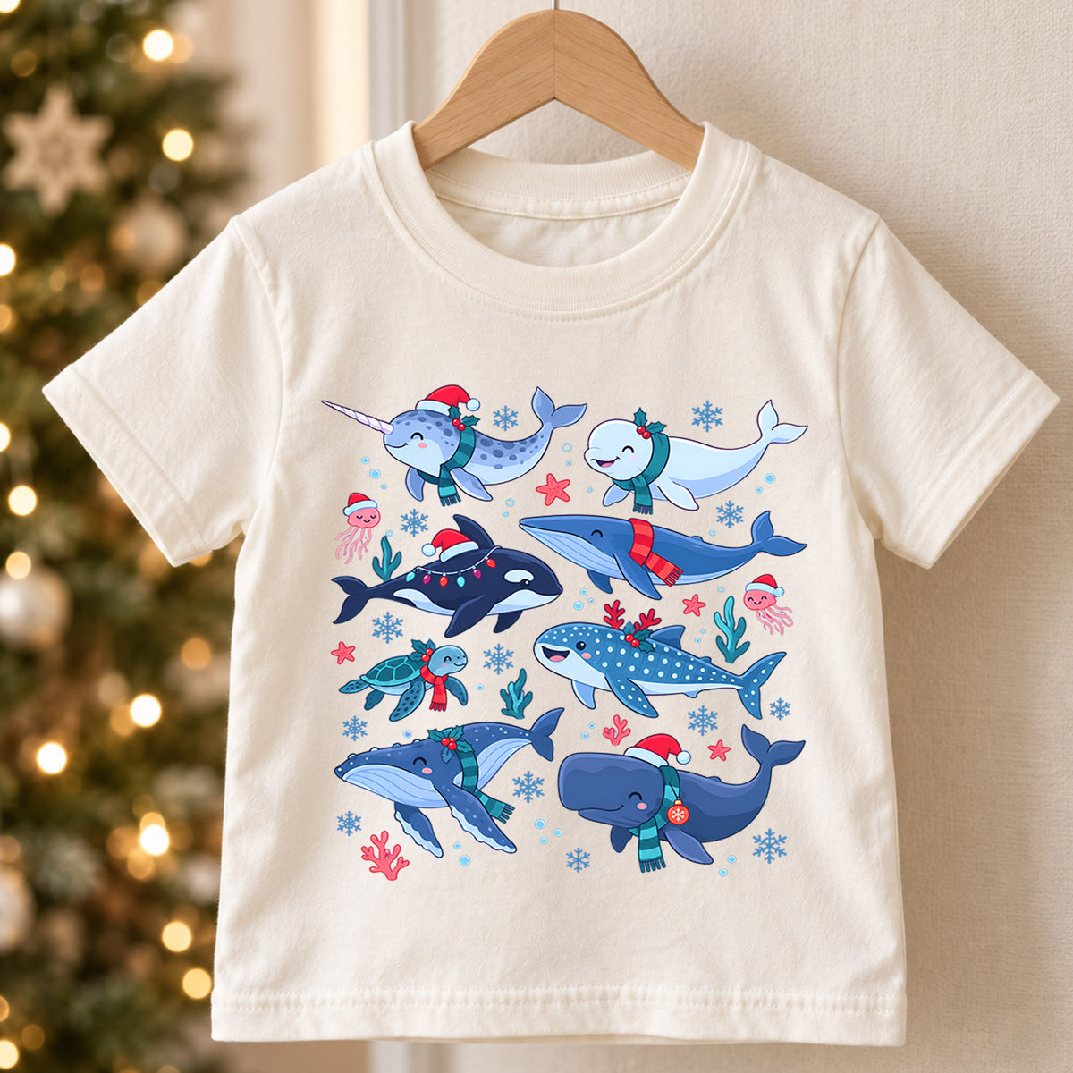 Christmas Ocean Animals Kids Shirt, Cute Whale Holiday T Shirt, Christmas Outfit for Boys and Girls, Festive Xmas Gift for Children — product view 5