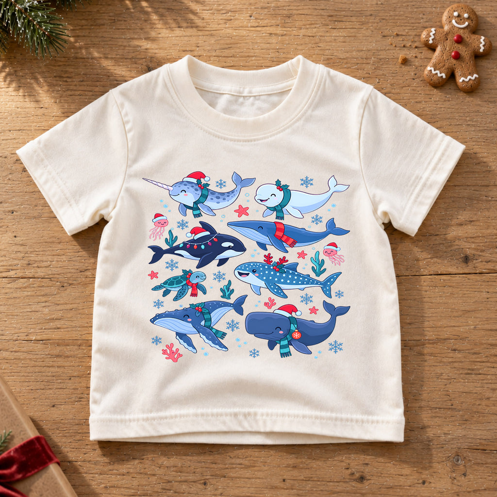 Christmas Ocean Animals Kids Shirt, Cute Whale Holiday T Shirt, Christmas Outfit for Boys and Girls, Festive Xmas Gift for Children — product view 6