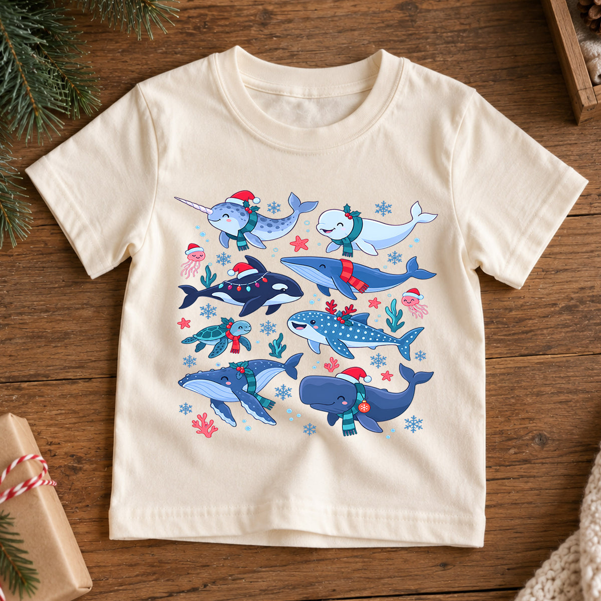 Christmas Ocean Animals Kids Shirt, Cute Whale Holiday T Shirt, Christmas Outfit for Boys and Girls, Festive Xmas Gift for Children — product view 7