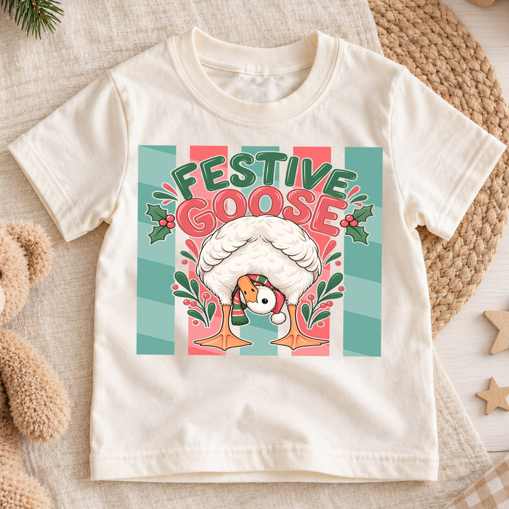 Festive Goose Kids Christmas Shirt, Funny Goose Holiday Tee, Cute Bird Christmas Outfit for Toddlers — product view 1