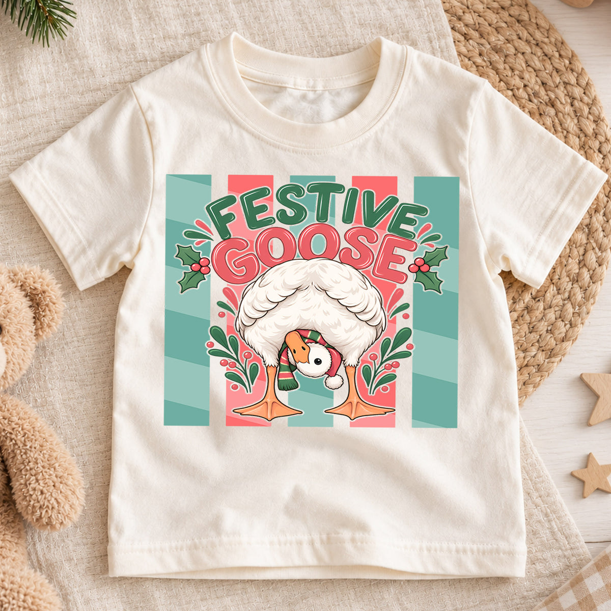 Festive Goose Kids Christmas Shirt, Funny Goose Holiday Tee, Cute Bird Christmas Outfit for Toddlers — product view 1