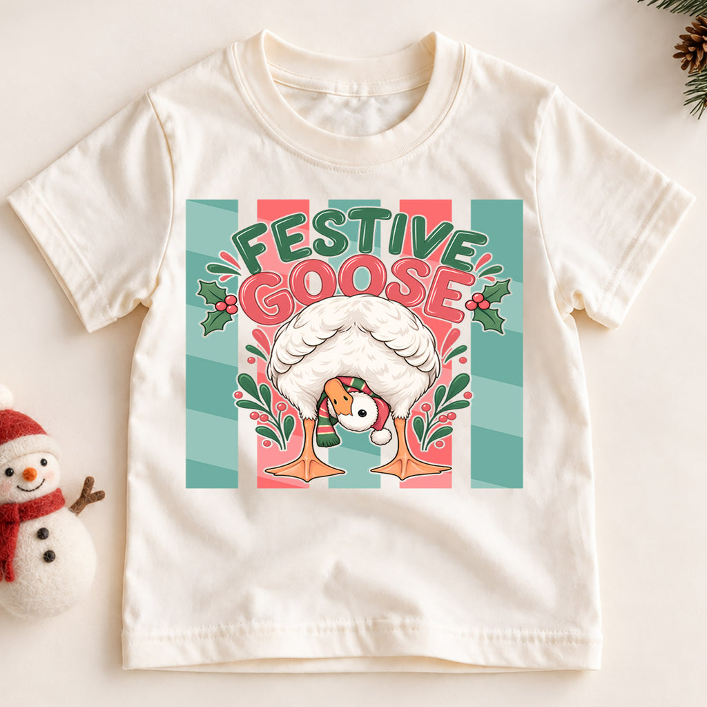 Festive Goose Kids Christmas Shirt, Funny Goose Holiday Tee, Cute Bird Christmas Outfit for Toddlers — product view 2