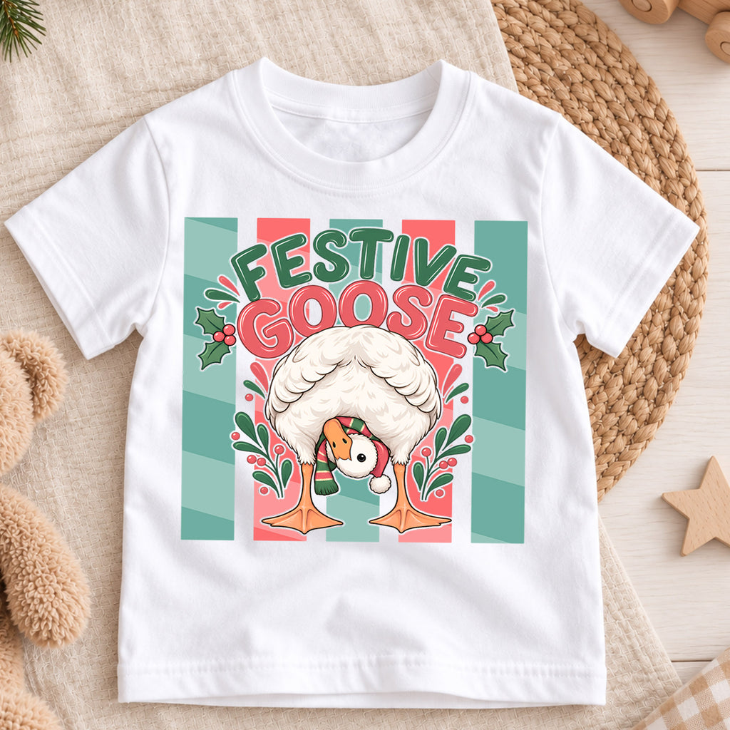 Festive Goose Kids Christmas Shirt, Funny Goose Holiday Tee, Cute Bird Christmas Outfit for Toddlers — product view 3
