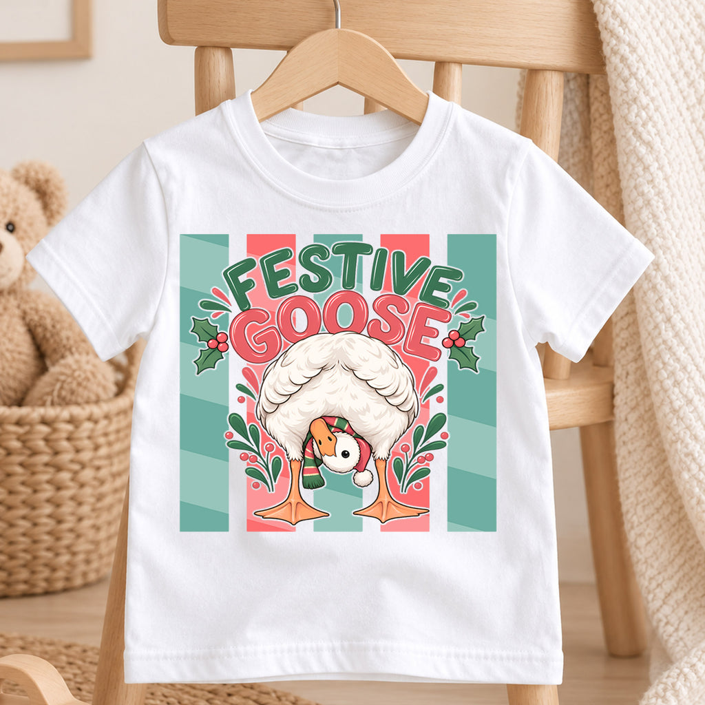 Festive Goose Kids Christmas Shirt, Funny Goose Holiday Tee, Cute Bird Christmas Outfit for Toddlers — product view 4