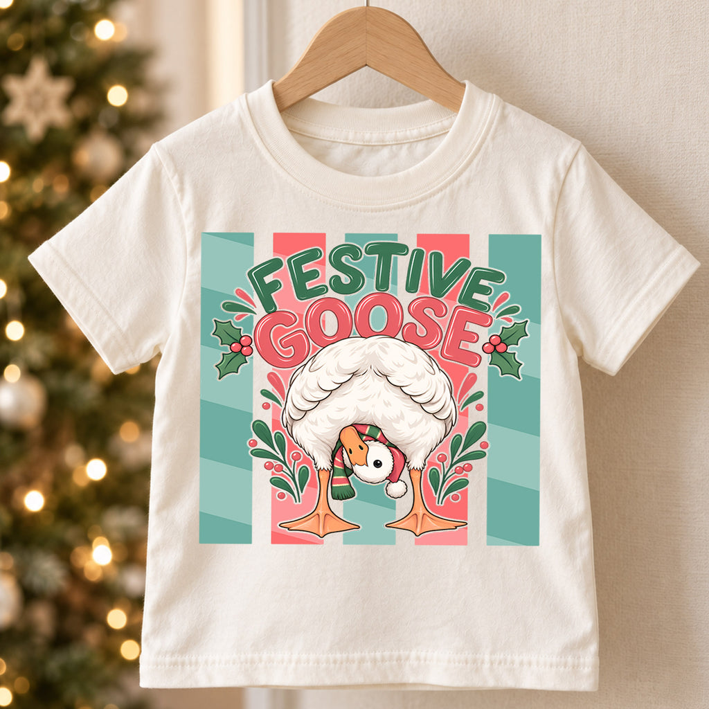Festive Goose Kids Christmas Shirt, Funny Goose Holiday Tee, Cute Bird Christmas Outfit for Toddlers — product view 5