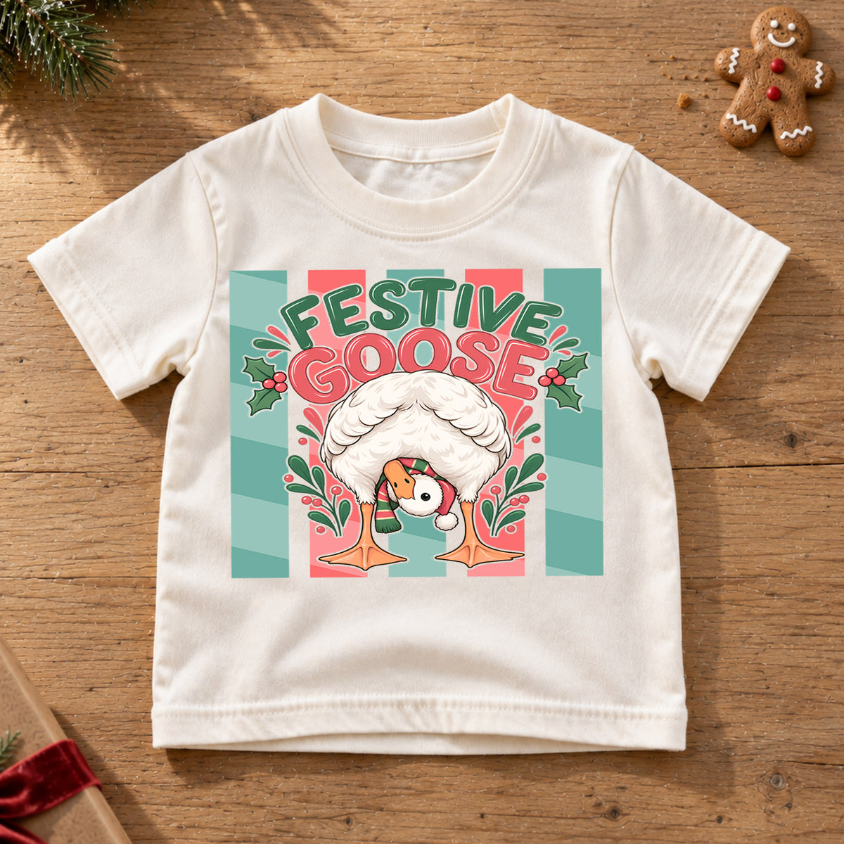 Festive Goose Kids Christmas Shirt, Funny Goose Holiday Tee, Cute Bird Christmas Outfit for Toddlers — product view 6