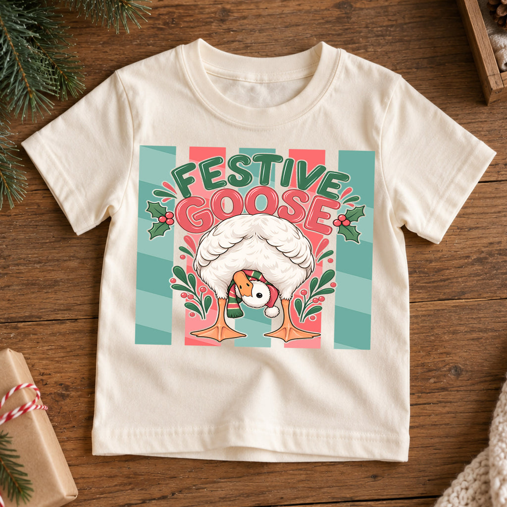 Festive Goose Kids Christmas Shirt, Funny Goose Holiday Tee, Cute Bird Christmas Outfit for Toddlers — product view 7