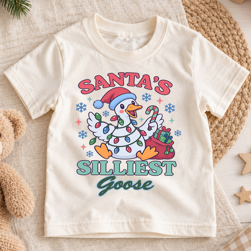 Santa's Silliest Goose Christmas Kids T Shirt, Funny Goose Holiday Shirt, Cute Candy Cane Xmas Outfit, Festive Gift for Kids — product view 1