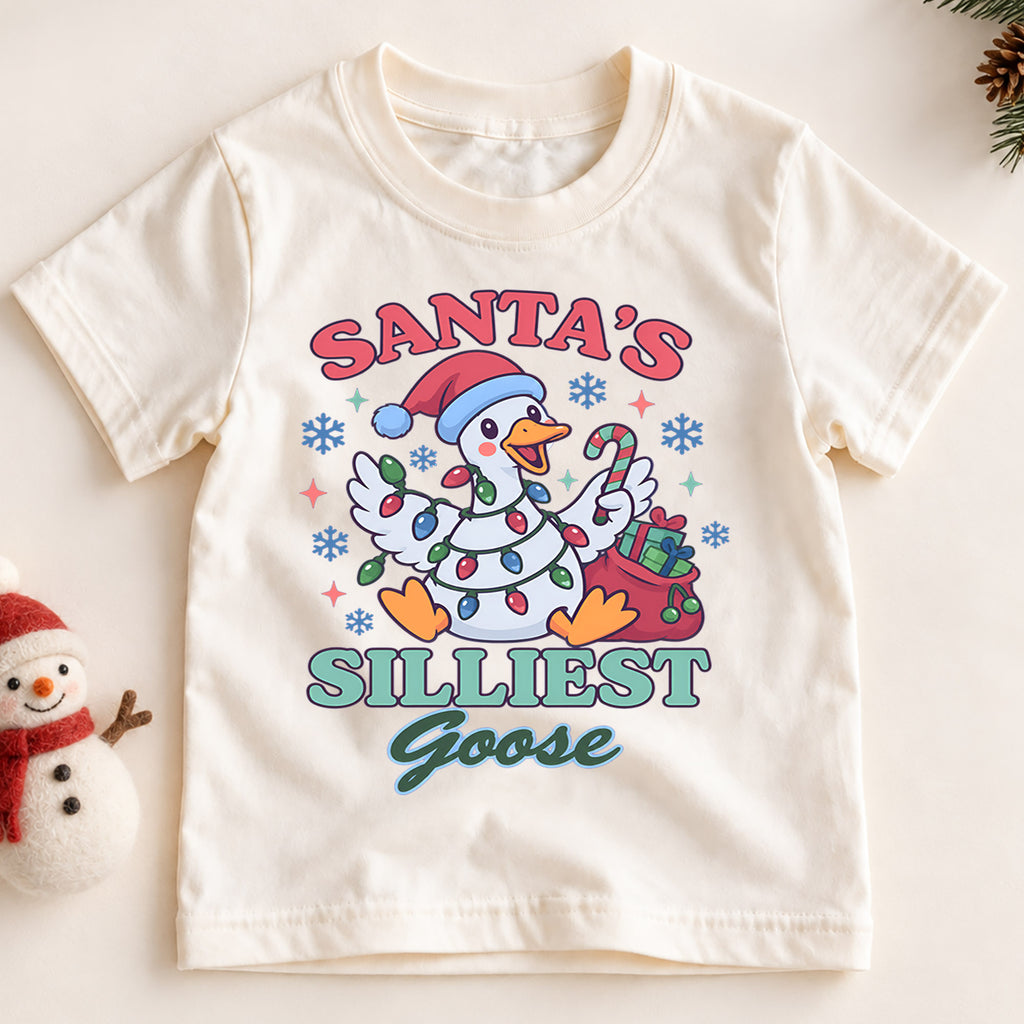Santa's Silliest Goose Christmas Kids T Shirt, Funny Goose Holiday Shirt, Cute Candy Cane Xmas Outfit, Festive Gift for Kids — product view 2