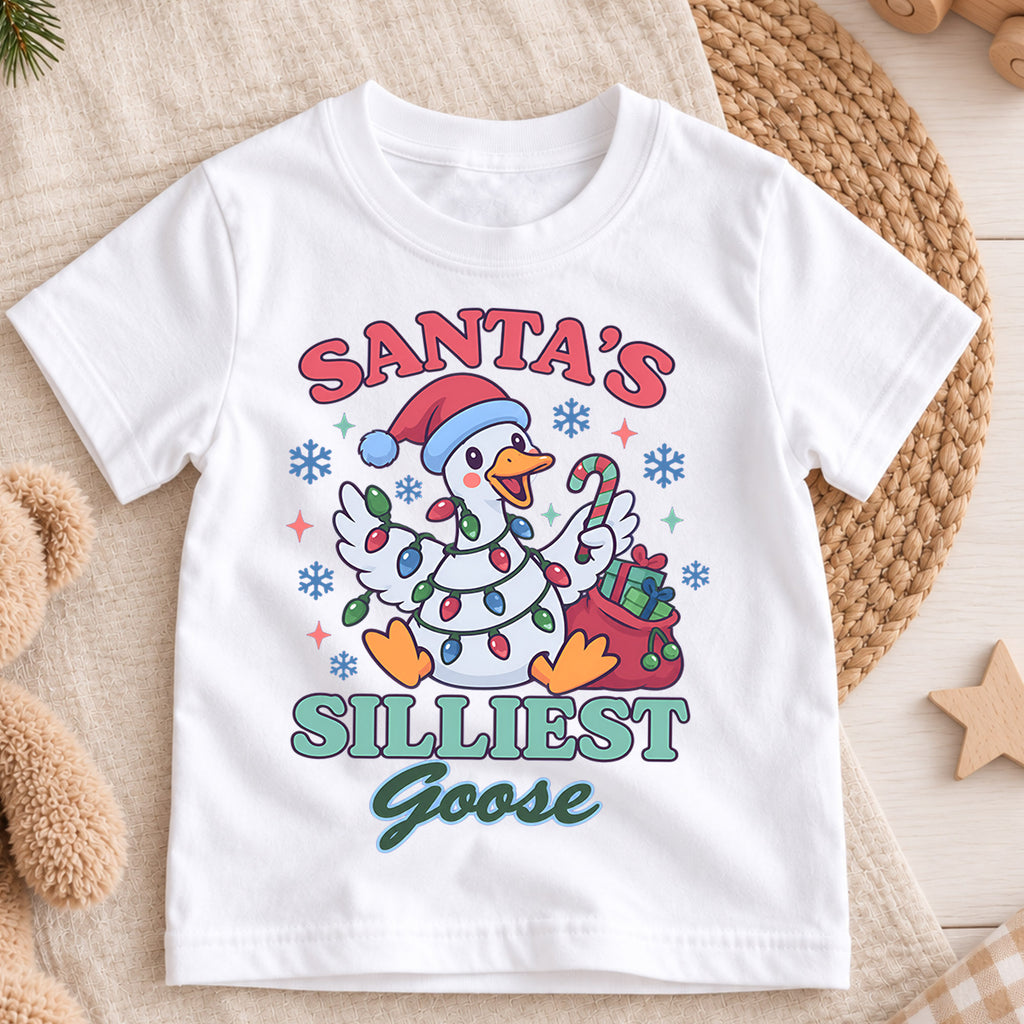 Santa's Silliest Goose Christmas Kids T Shirt, Funny Goose Holiday Shirt, Cute Candy Cane Xmas Outfit, Festive Gift for Kids — product view 3