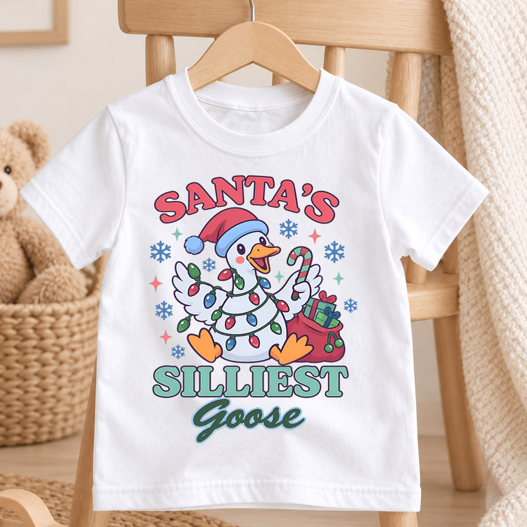 Santa's Silliest Goose Christmas Kids T Shirt, Funny Goose Holiday Shirt, Cute Candy Cane Xmas Outfit, Festive Gift for Kids — product view 4