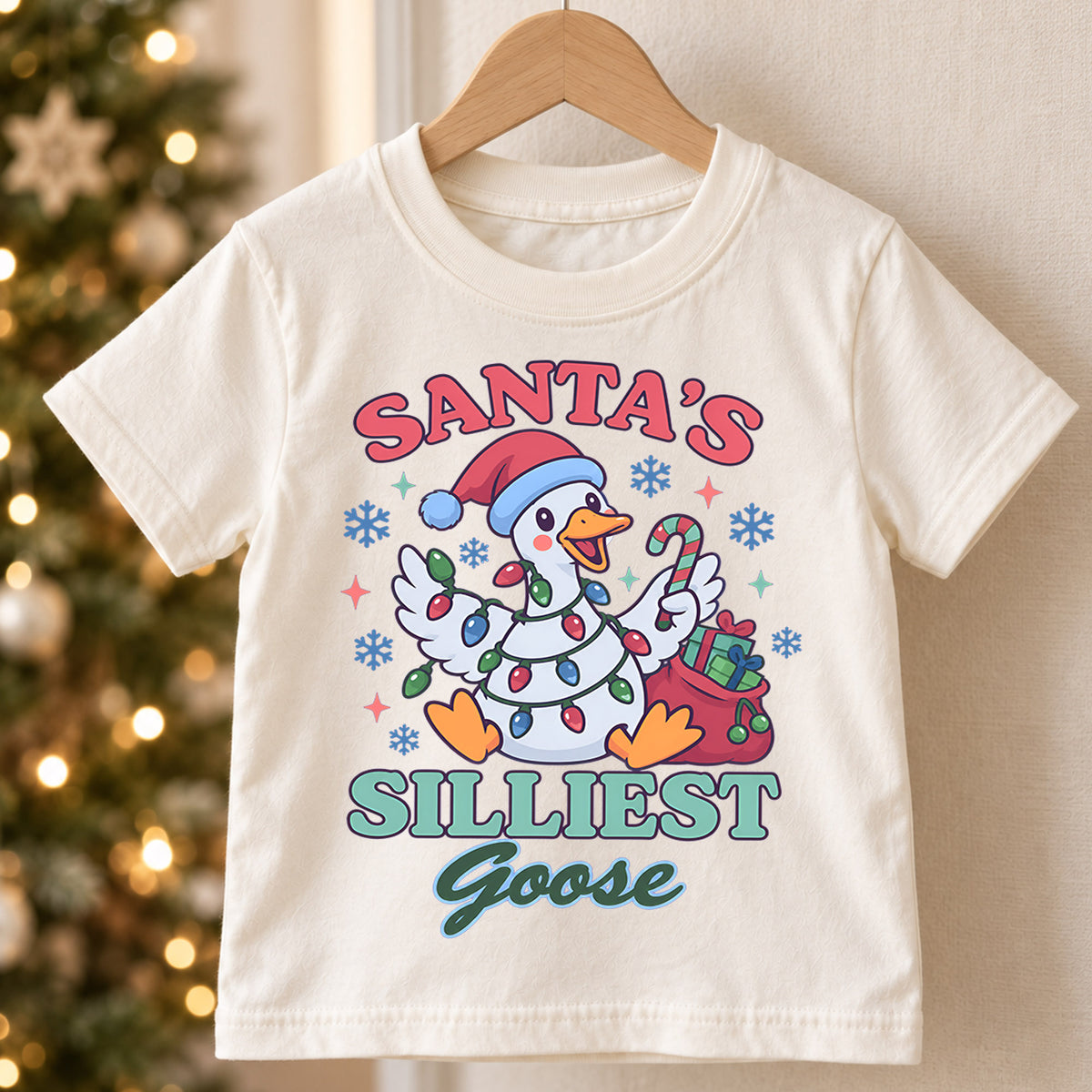 Santa's Silliest Goose Christmas Kids T Shirt, Funny Goose Holiday Shirt, Cute Candy Cane Xmas Outfit, Festive Gift for Kids — product view 5