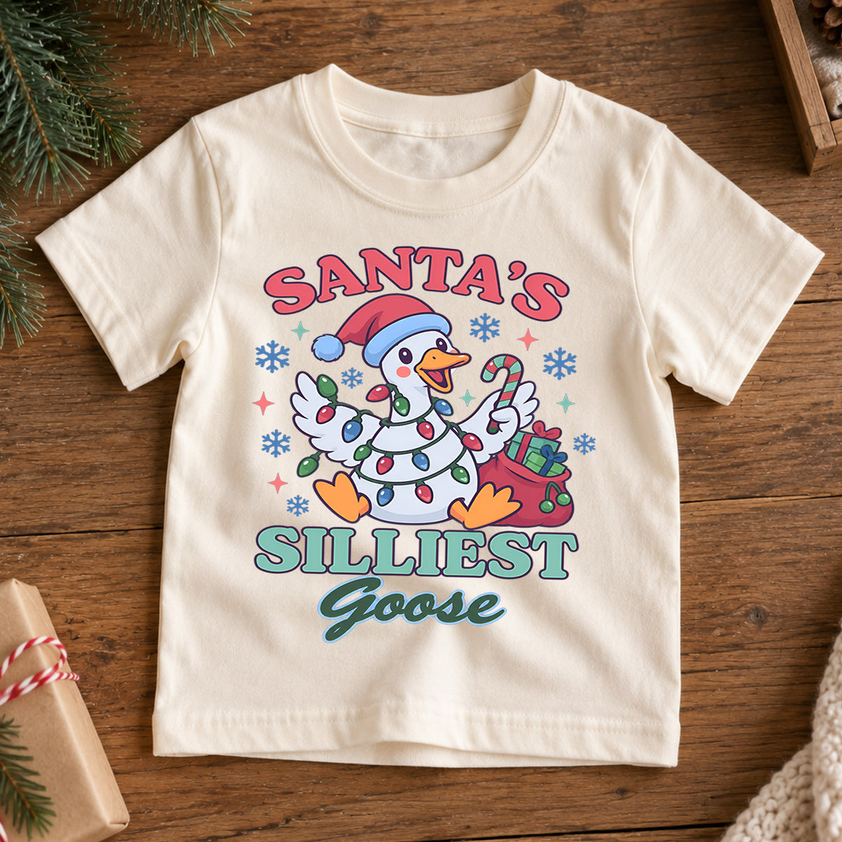 Santa's Silliest Goose Christmas Kids T Shirt, Funny Goose Holiday Shirt, Cute Candy Cane Xmas Outfit, Festive Gift for Kids — product view 7
