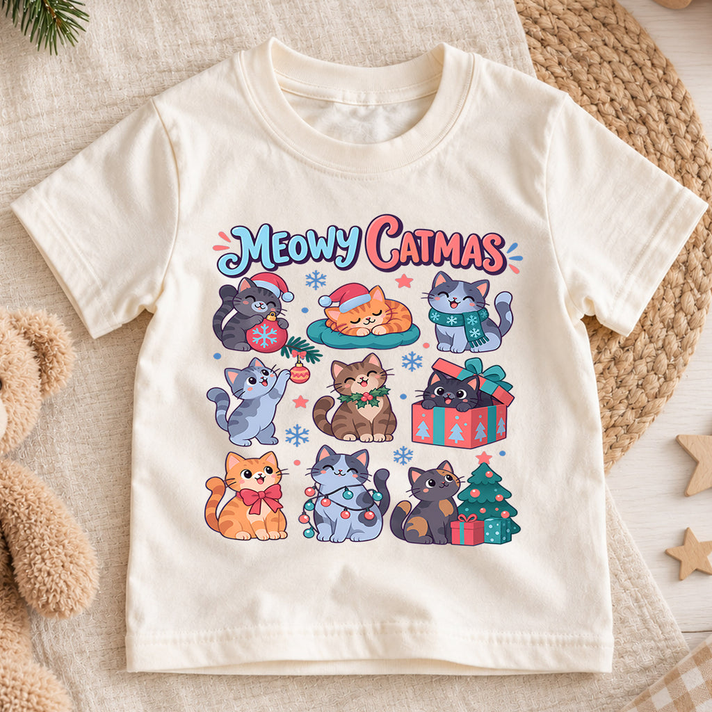 Meowy Catmas Kids Christmas Shirt, Cute Cat Holiday Tee, Funny Festive Xmas Outfit for Kids, Christmas Gift for Cat Lovers Holiday Gift Idea — product view 1