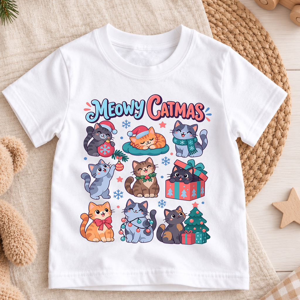 Meowy Catmas Kids Christmas Shirt, Cute Cat Holiday Tee, Funny Festive Xmas Outfit for Kids, Christmas Gift for Cat Lovers Holiday Gift Idea — product view 3