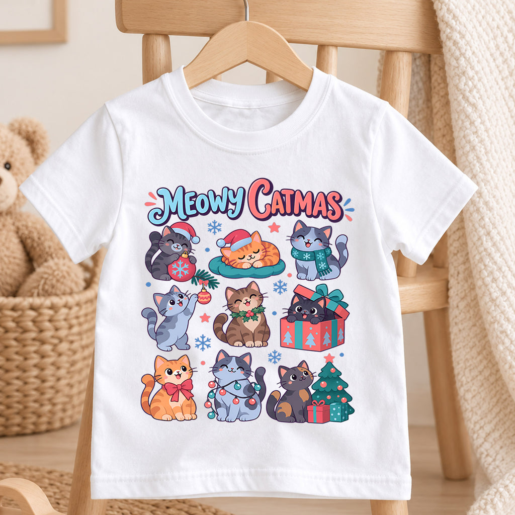 Meowy Catmas Kids Christmas Shirt, Cute Cat Holiday Tee, Funny Festive Xmas Outfit for Kids, Christmas Gift for Cat Lovers Holiday Gift Idea — product view 4