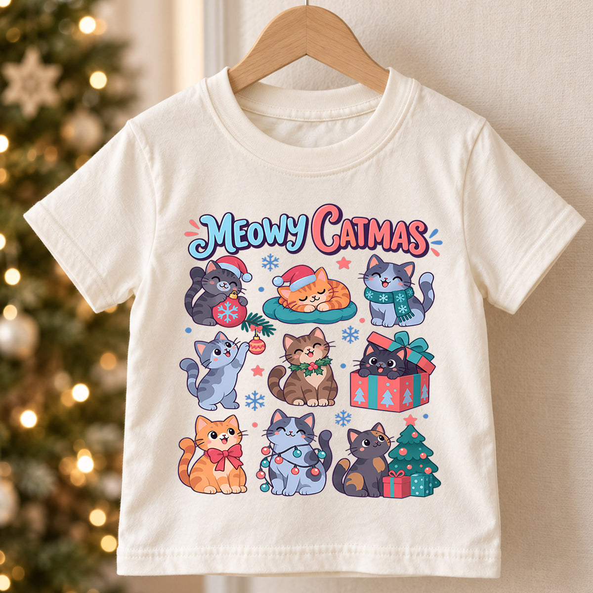 Meowy Catmas Kids Christmas Shirt, Cute Cat Holiday Tee, Funny Festive Xmas Outfit for Kids, Christmas Gift for Cat Lovers Holiday Gift Idea — product view 5