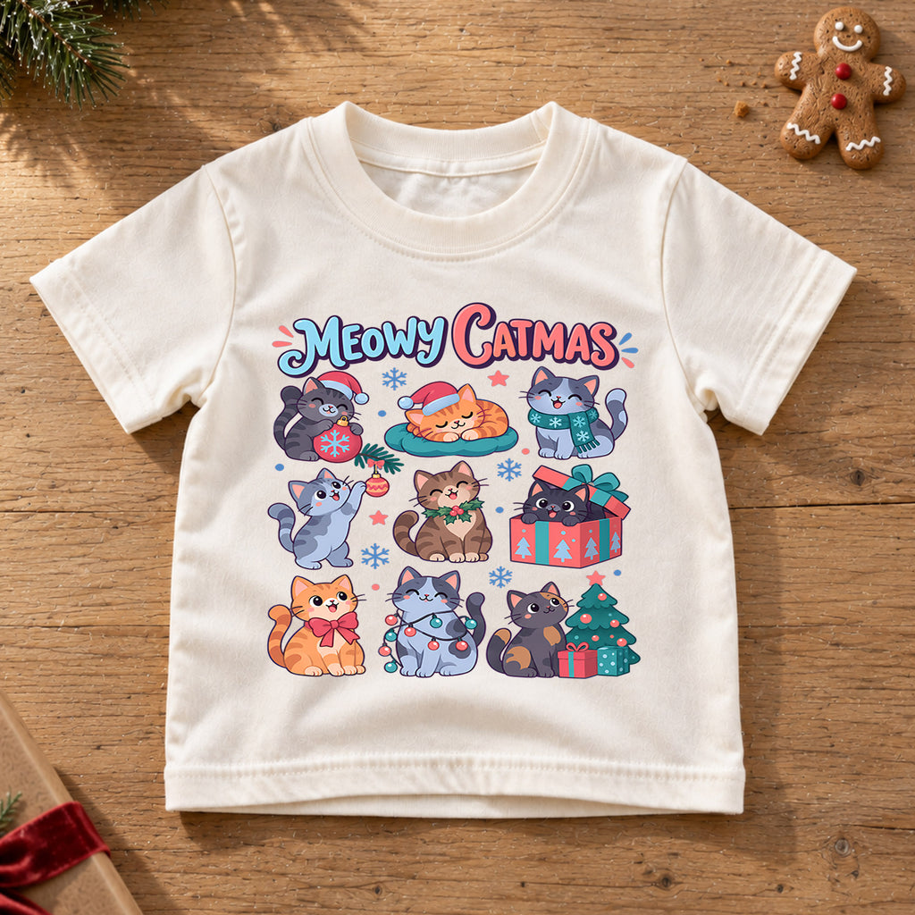 Meowy Catmas Kids Christmas Shirt, Cute Cat Holiday Tee, Funny Festive Xmas Outfit for Kids, Christmas Gift for Cat Lovers Holiday Gift Idea — product view 6