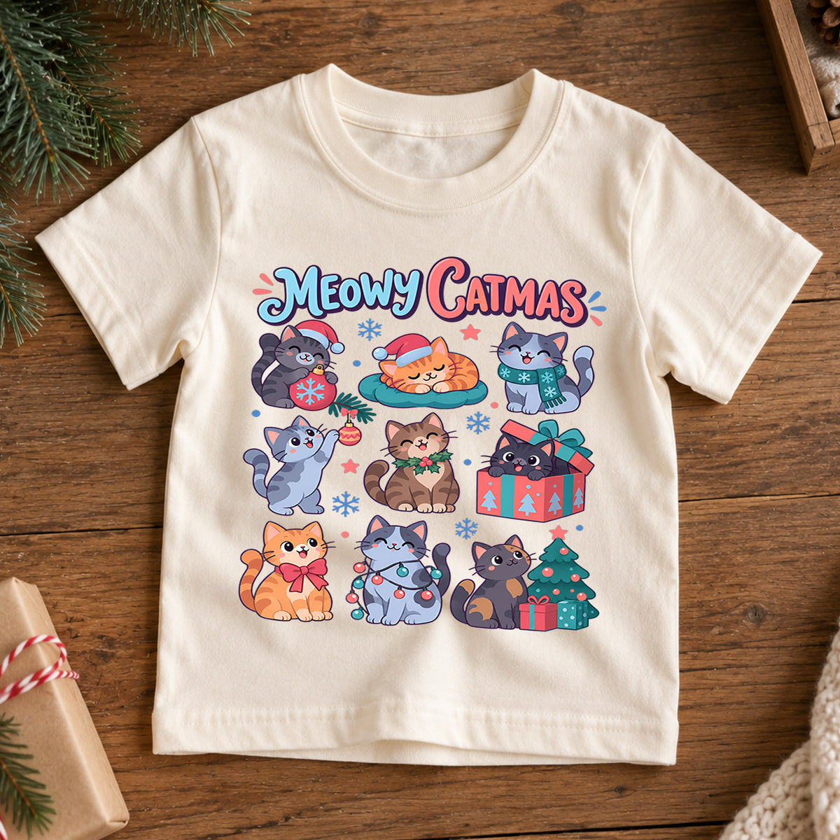 Meowy Catmas Kids Christmas Shirt, Cute Cat Holiday Tee, Funny Festive Xmas Outfit for Kids, Christmas Gift for Cat Lovers Holiday Gift Idea — product view 7