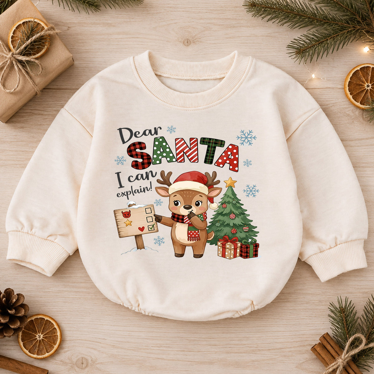 Dear Santa I Can Explain Baby Romper, Baby First Christmas Outfit, Cute Reindeer Holiday Outfit, Toddler Christmas Romper, Xmas Gift — product view 1