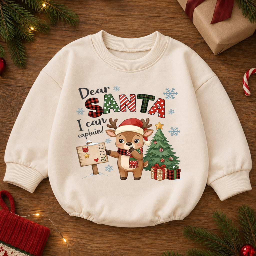 Dear Santa I Can Explain Baby Romper, Baby First Christmas Outfit, Cute Reindeer Holiday Outfit, Toddler Christmas Romper, Xmas Gift — product view 2