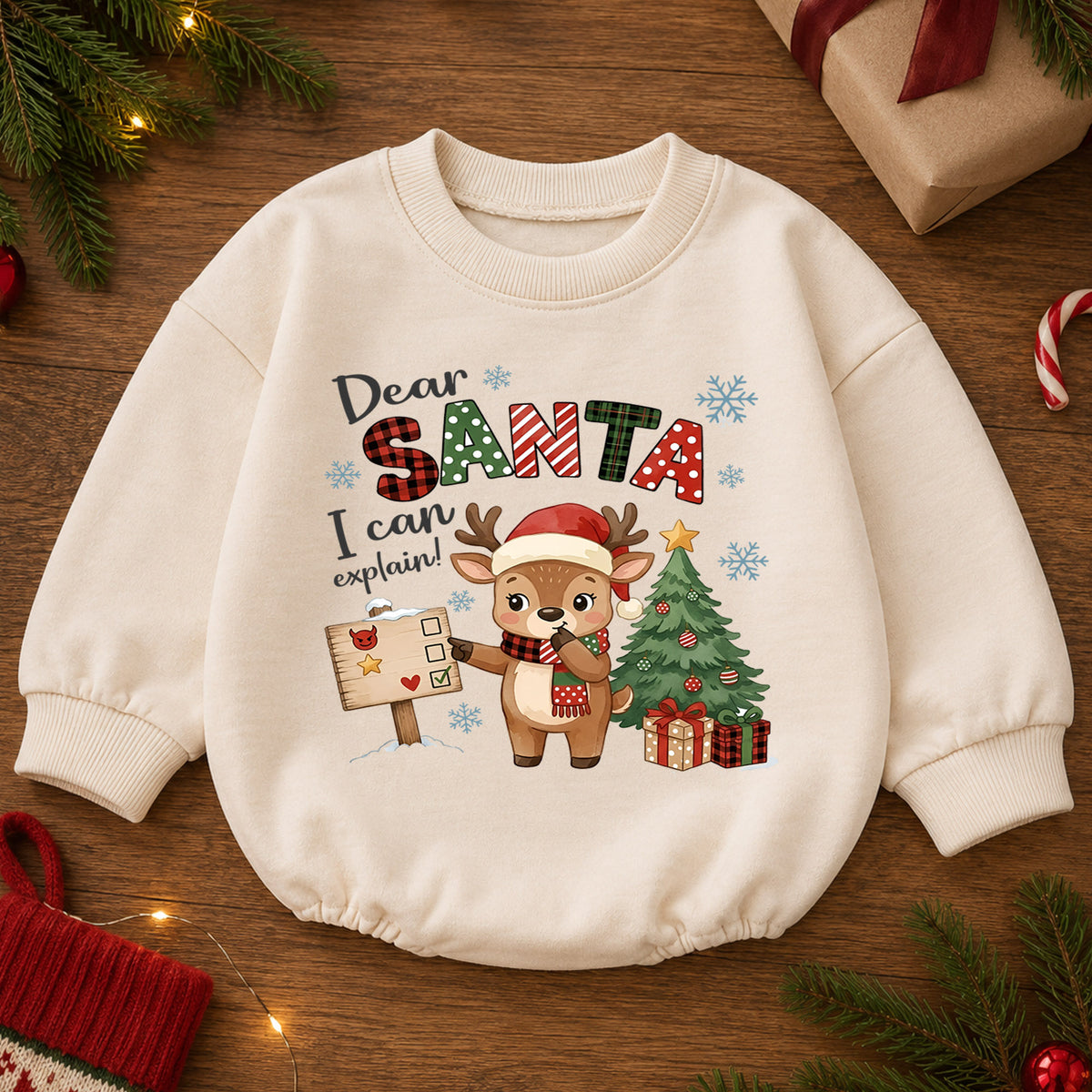 Dear Santa I Can Explain Baby Romper, Baby First Christmas Outfit, Cute Reindeer Holiday Outfit, Toddler Christmas Romper, Xmas Gift — product view 2