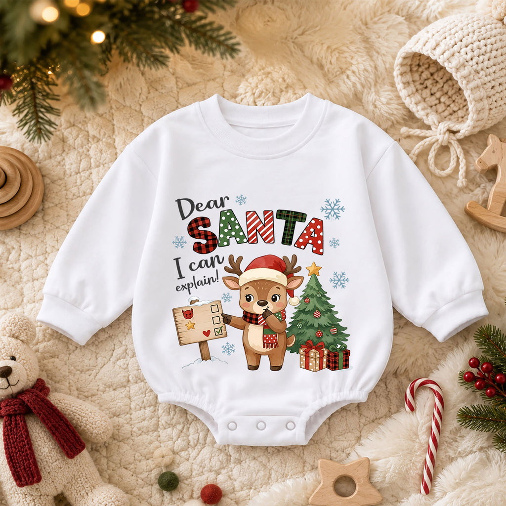 Dear Santa I Can Explain Baby Romper, Baby First Christmas Outfit, Cute Reindeer Holiday Outfit, Toddler Christmas Romper, Xmas Gift — product view 3