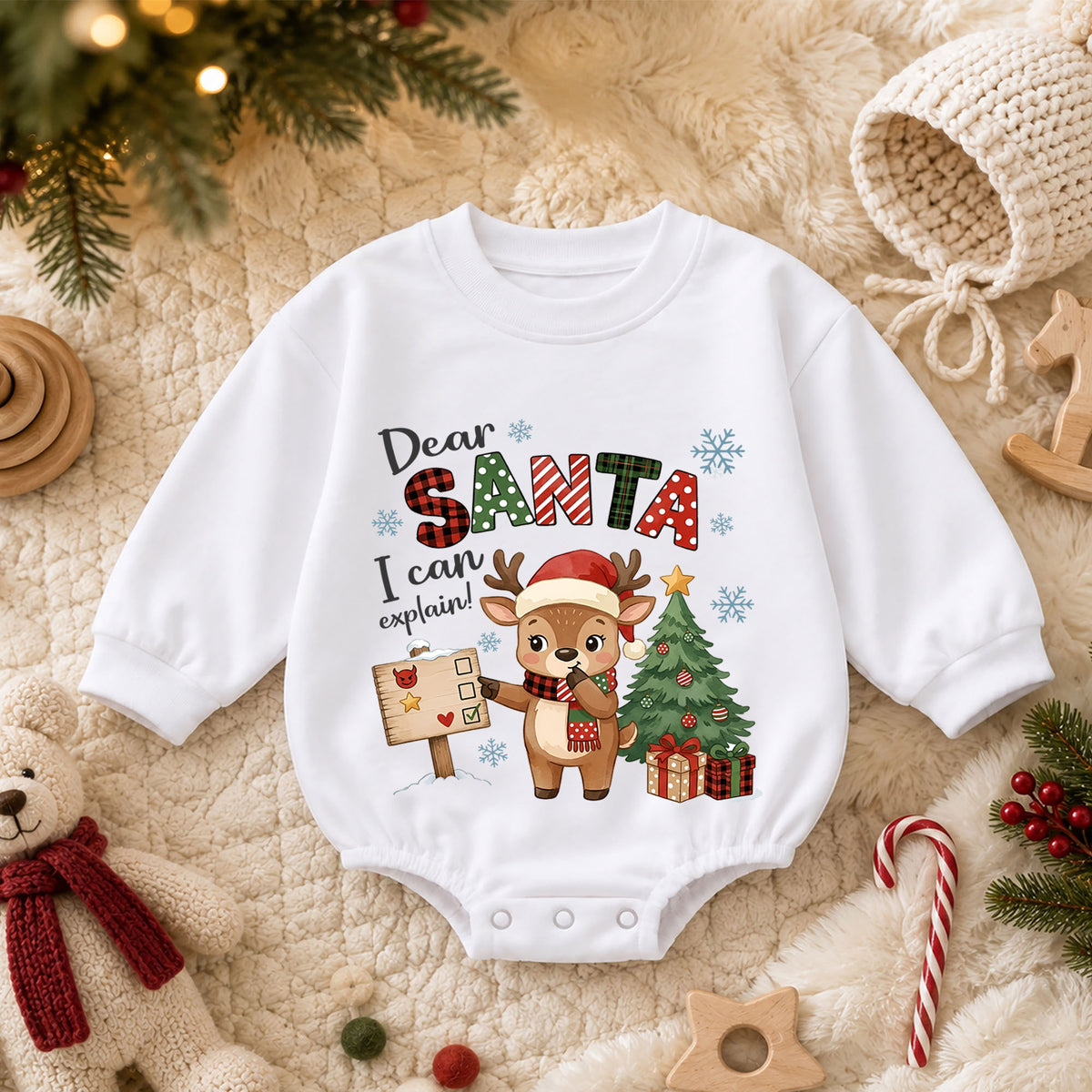Dear Santa I Can Explain Baby Romper, Baby First Christmas Outfit, Cute Reindeer Holiday Outfit, Toddler Christmas Romper, Xmas Gift — product view 3