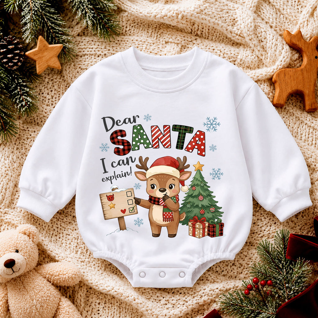 Dear Santa I Can Explain Baby Romper, Baby First Christmas Outfit, Cute Reindeer Holiday Outfit, Toddler Christmas Romper, Xmas Gift — product view 4
