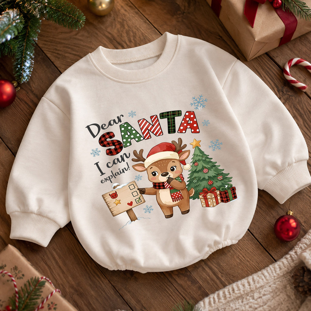 Dear Santa I Can Explain Baby Romper, Baby First Christmas Outfit, Cute Reindeer Holiday Outfit, Toddler Christmas Romper, Xmas Gift — product view 5