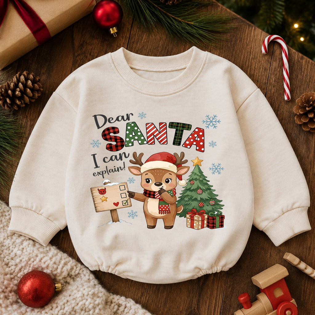 Dear Santa I Can Explain Baby Romper, Baby First Christmas Outfit, Cute Reindeer Holiday Outfit, Toddler Christmas Romper, Xmas Gift — product view 6