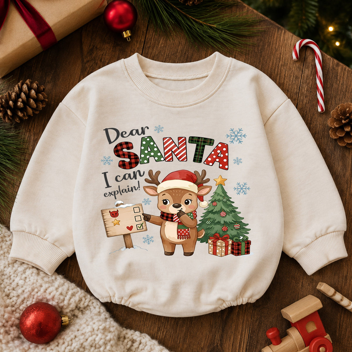 Dear Santa I Can Explain Baby Romper, Baby First Christmas Outfit, Cute Reindeer Holiday Outfit, Toddler Christmas Romper, Xmas Gift — product view 6