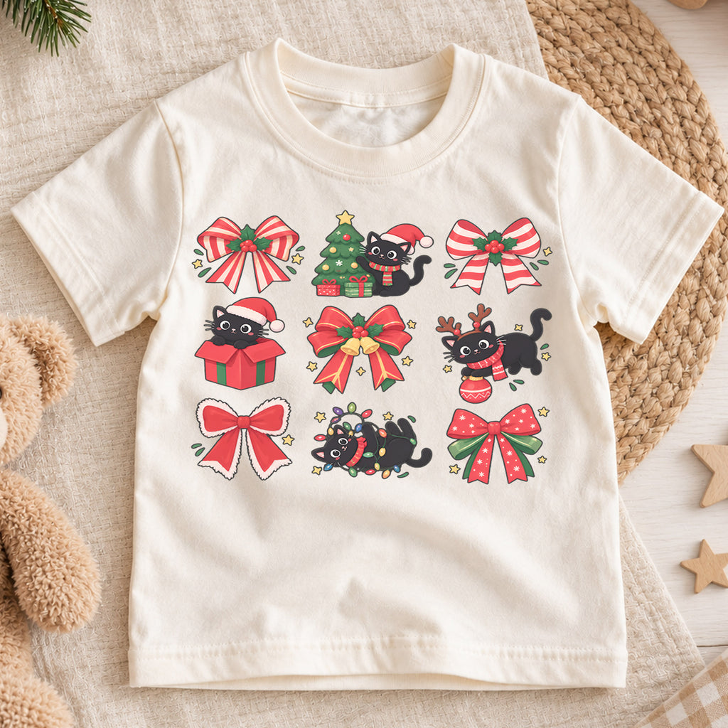 Black Cat Christmas Kids Shirt, Cute Bow Kitty Holiday Tee, Festive Christmas Outfit, Holiday Gift for Girls and Boys Holiday Gift Idea — product view 1