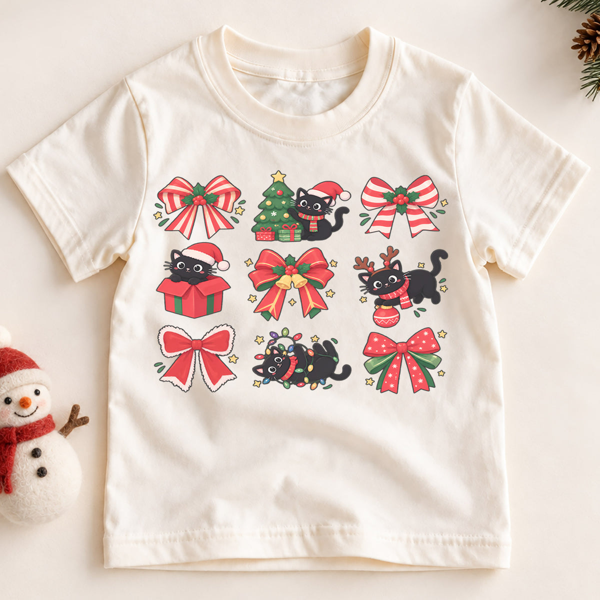 Black Cat Christmas Kids Shirt, Cute Bow Kitty Holiday Tee, Festive Christmas Outfit, Holiday Gift for Girls and Boys Holiday Gift Idea — product view 2