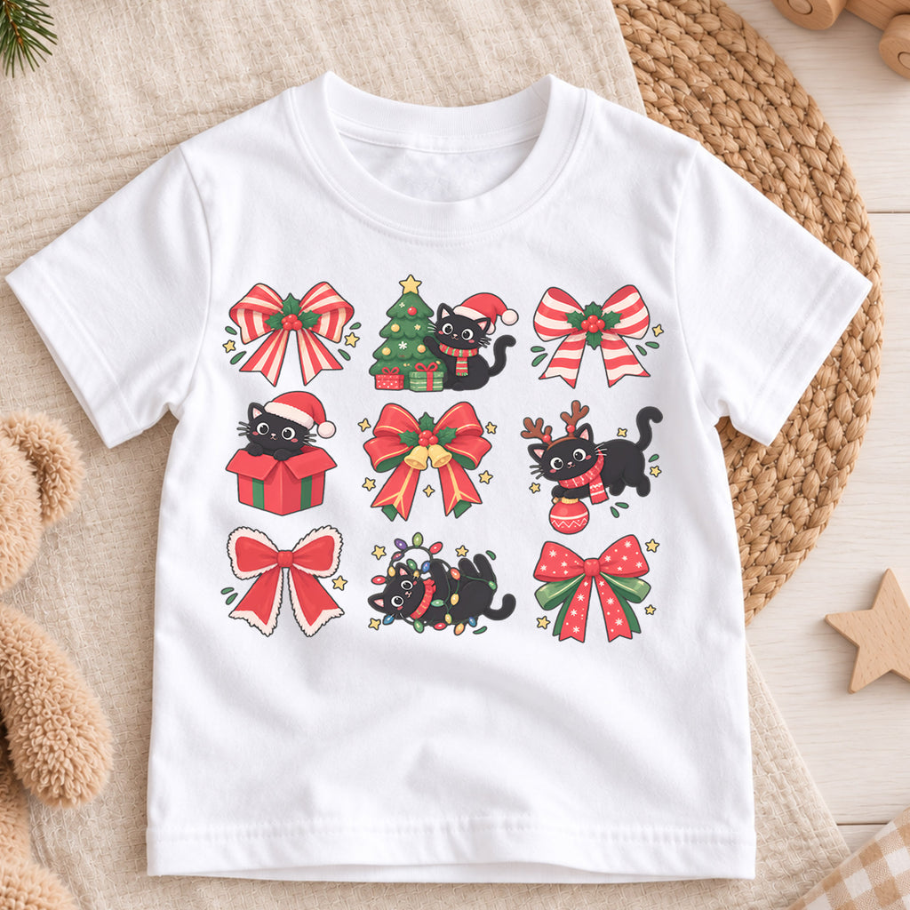 Black Cat Christmas Kids Shirt, Cute Bow Kitty Holiday Tee, Festive Christmas Outfit, Holiday Gift for Girls and Boys Holiday Gift Idea — product view 3