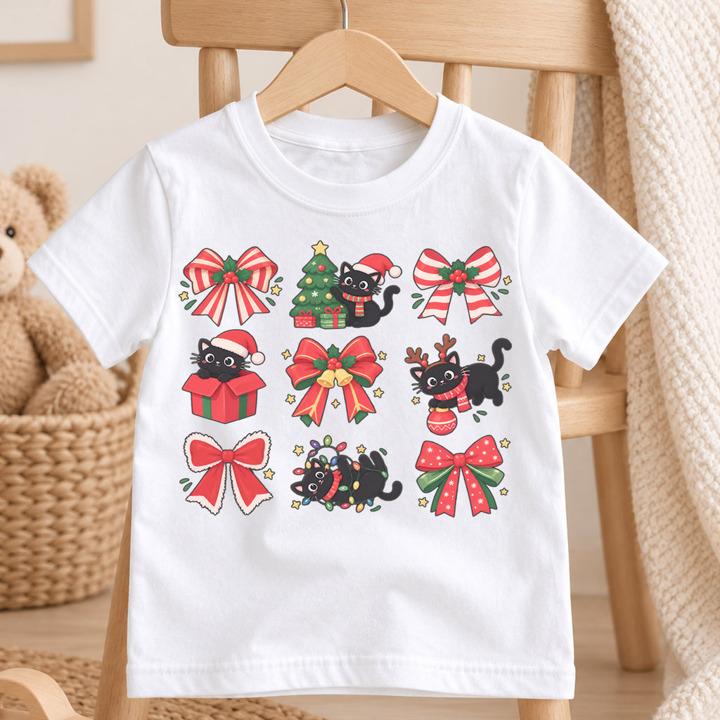 Black Cat Christmas Kids Shirt, Cute Bow Kitty Holiday Tee, Festive Christmas Outfit, Holiday Gift for Girls and Boys Holiday Gift Idea — product view 4