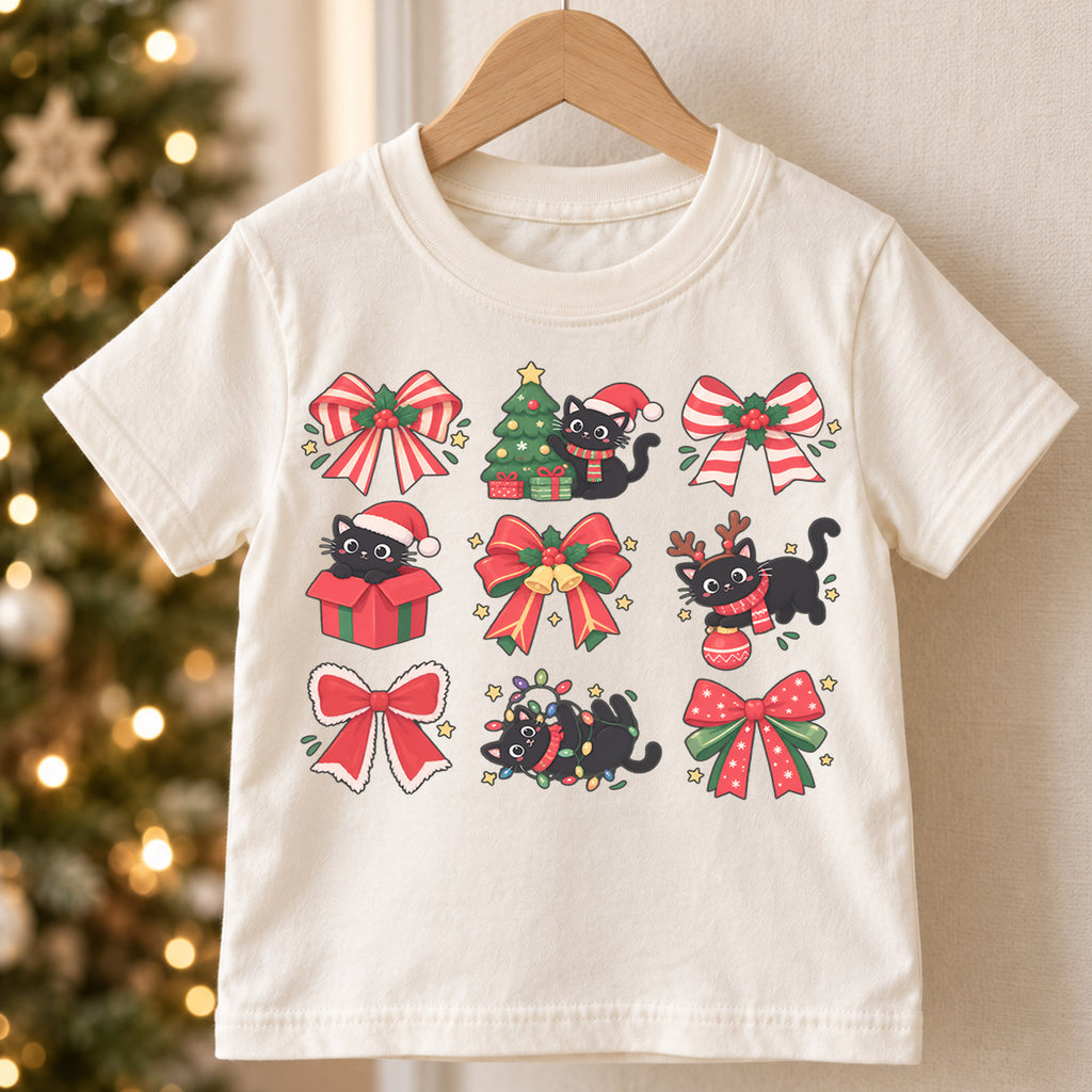 Black Cat Christmas Kids Shirt, Cute Bow Kitty Holiday Tee, Festive Christmas Outfit, Holiday Gift for Girls and Boys Holiday Gift Idea — product view 5