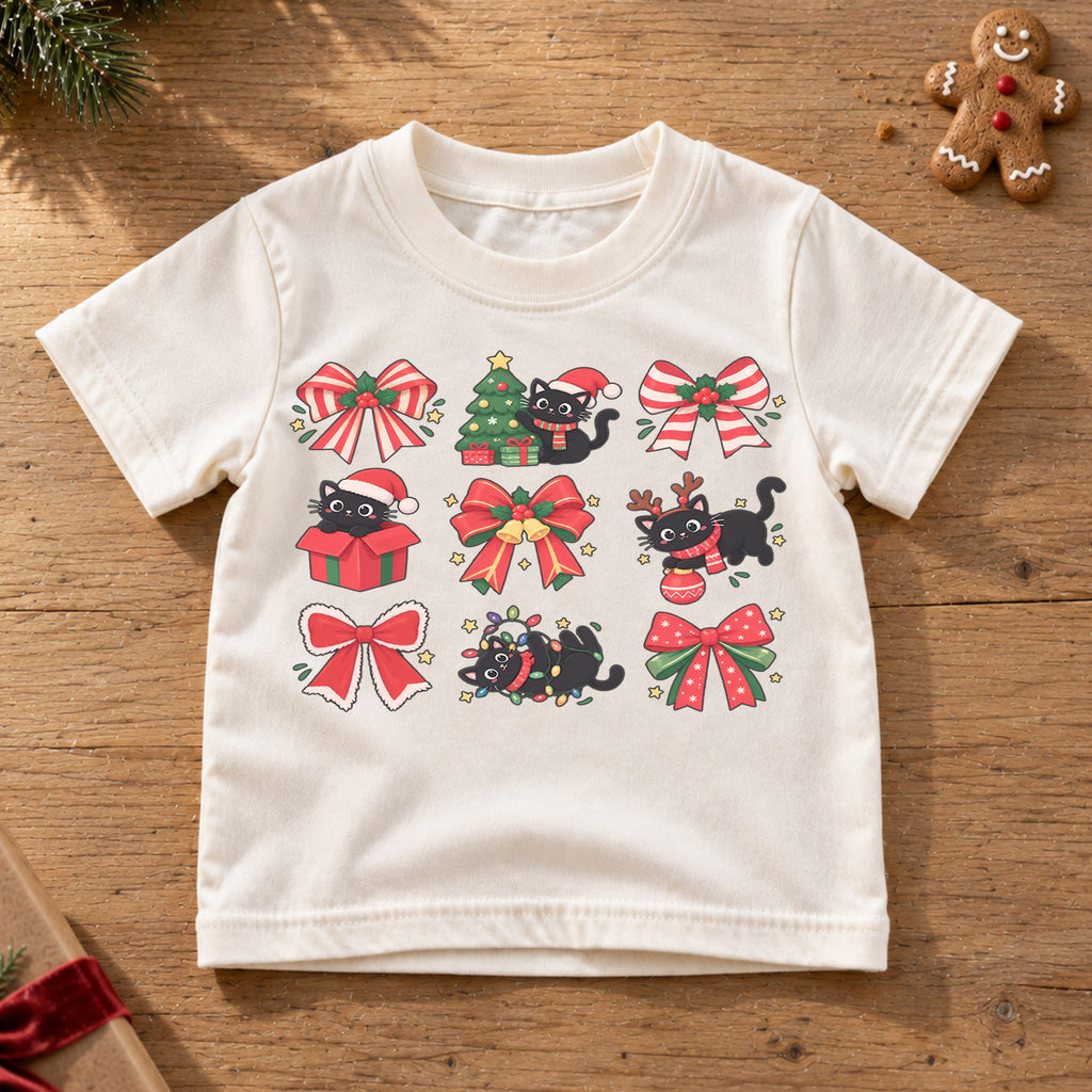 Black Cat Christmas Kids Shirt, Cute Bow Kitty Holiday Tee, Festive Christmas Outfit, Holiday Gift for Girls and Boys Holiday Gift Idea — product view 6