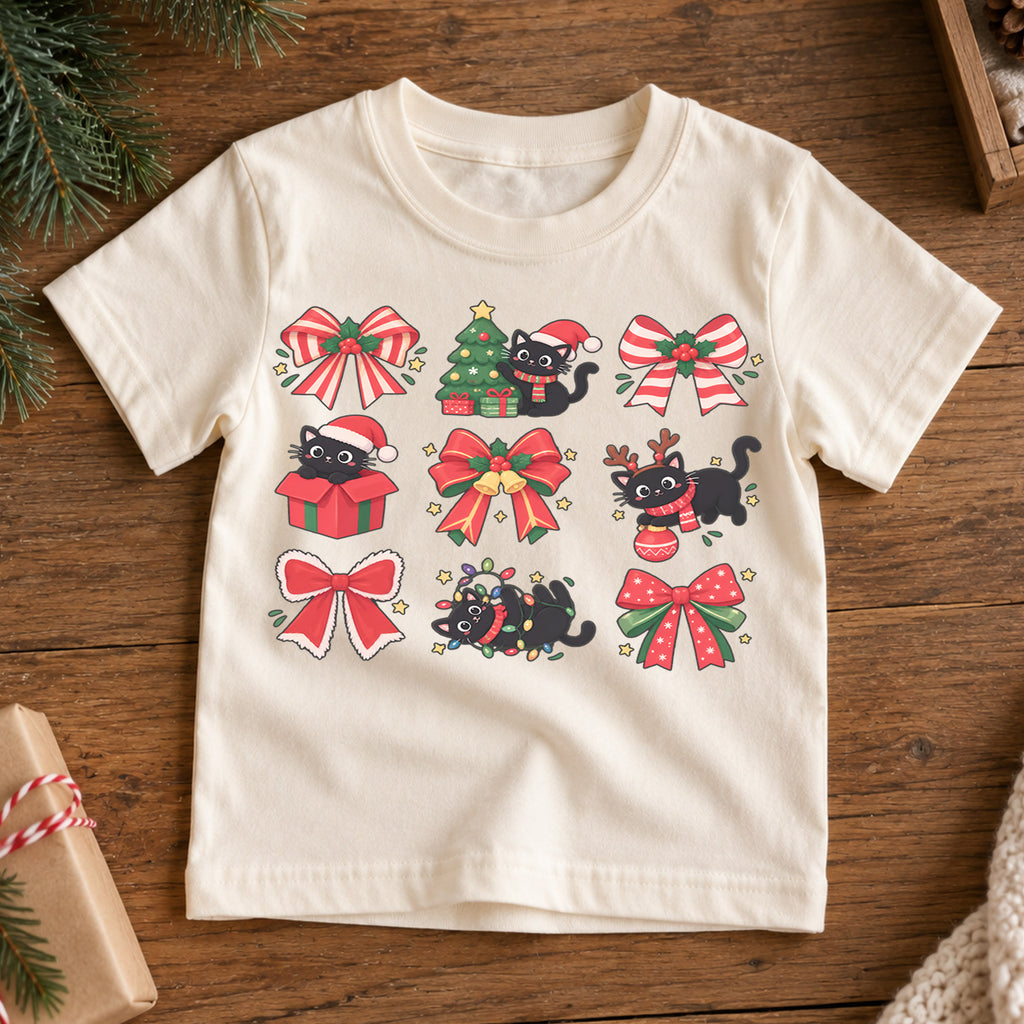 Black Cat Christmas Kids Shirt, Cute Bow Kitty Holiday Tee, Festive Christmas Outfit, Holiday Gift for Girls and Boys Holiday Gift Idea — product view 7